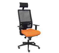 Silla de oficina Horna con mecanismo Sincro tapizada con Tela color Naranja y malla color Negro. Equipada con lumbar 1D, Brazos 1D, Cabecero Fijo y Ruedas de parqué