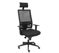 Silla de oficina Horna con mecanismo Sincro tapizada con Tela color Negro. Equipada con lumbar 1D, Brazos 1D, Cabecero Fijo y Ruedas de parqué