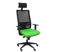Silla de oficina Horna con mecanismo Sincro tapizada con Tela color Pistacho y malla color Negro. Equipada con lumbar 1D, Brazos 1D, Cabecero Fijo y Ruedas de parqué