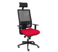 Silla de oficina Horna con mecanismo Sincro tapizada con Tela color Rojo y malla color Negro. Equipada con lumbar 1D, Brazos 1D, Cabecero Fijo y Ruedas de parqué