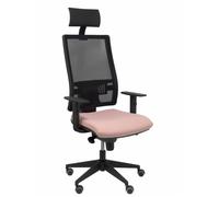 Silla de oficina Horna con mecanismo Sincro tapizada con Tela color Rosa pálido y malla color Negro. Equipada con lumbar 1D, Brazos 1D, Cabecero Fijo y Ruedas de parqué