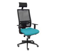 Silla de oficina Horna con mecanismo Sincro tapizada con Tela color Turquesa y malla color Negro. Equipada con lumbar 1D, Brazos 1D, Cabecero Fijo y Ruedas de parqué