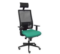 Silla de oficina Horna con mecanismo Sincro tapizada con Tela color Verde esmeralda y malla color Negro. Equipada con lumbar 1D, Brazos 1D, Cabecero Fijo y Ruedas de parqué