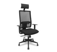 Silla de oficina Horna con mecanismo Sincro/Traslack tapizada con Tela color Negro. Equipada con lumbar 1D, Brazos 1D, Cabecero Fijo y Ruedas de parqué