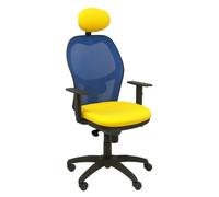 Silla de oficina Jorquera con mecanismo Sincro tapizada con Tela color Amarillo y malla color Azul. Equipada con lumbar 1D, Brazos 1D, Cabecero Fijo y Ruedas de nailon 50 mm