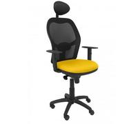 Silla de oficina Jorquera con mecanismo Sincro tapizada con Tela color Amarillo y malla color Negro. Equipada con lumbar 1D, Brazos 1D, Cabecero Fijo y Ruedas de nailon 50 mm