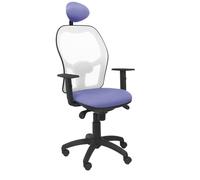 Silla de oficina Jorquera con mecanismo Sincro tapizada con Tela color Azul claro y malla color Blanco. Equipada con lumbar 1D, Brazos 1D, Cabecero Fijo y Ruedas de nailon 50 mm