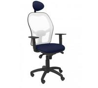 Silla de oficina Jorquera con mecanismo Sincro tapizada con Tela color Azul marino y malla color Blanco. Equipada con lumbar 1D, Brazos 1D, Cabecero Fijo y Ruedas de nailon 50 mm