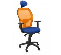 Silla de oficina Jorquera con mecanismo Sincro tapizada con Tela color Azul y malla color Naranja. Equipada con lumbar 1D, Brazos 1D, Cabecero Fijo y Ruedas de nailon 50 mm