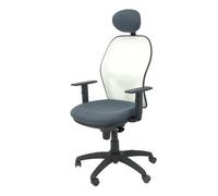 Silla de oficina Jorquera con mecanismo Sincro tapizada con Tela color Gris oscuro y malla color Blanco. Equipada con lumbar 1D, Brazos 1D, Cabecero Fijo y Ruedas de nailon 50 mm
