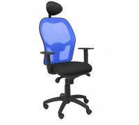 Silla de oficina Jorquera con mecanismo Sincro tapizada con Tela color Negro y malla color Azul. Equipada con lumbar 1D, Brazos 1D, Cabecero Fijo y Ruedas de nailon 50 mm