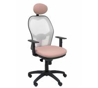 Silla de oficina Jorquera con mecanismo Sincro tapizada con Tela color Rosa y malla color Blanco. Equipada con lumbar 1D, Brazos 1D, Cabecero Fijo y Ruedas de nailon 50 mm