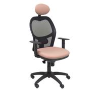 Silla de oficina Jorquera con mecanismo Sincro tapizada con Tela color Rosa y malla color Negro. Equipada con lumbar 1D, Brazos 1D, Cabecero Fijo y Ruedas de nailon 50 mm