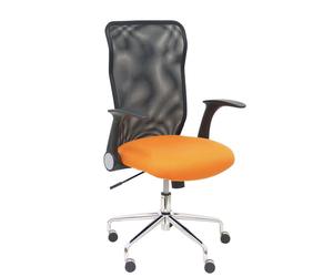 Silla de oficina Minaya con mecanismo Basculante tapizada con Tela color Naranja y malla color Negro. Equipada con Base cromada, Brazos abatibles y Ruedas de nailon 50 mm