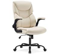 Silla de oficina - Silla de escritorio ergonómica ejecutiva con reposabrazos abatible ajustable, silla giratoria con soporte lumbar, base de metal resistente, piel sintética, color blanco