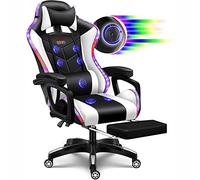 Silla de Ordenador con Masaje y Reposapiés, Silla Racing Gaming con Altavoces, Silla Music Video Game con Masaje Soporte Lumbar y Reposacabezas para Oficina o Gaming,Blanco