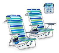 Silla De Playa Plegable Para Adultos - Ligera y Portátil Con Múltiples Posiciones Reclinables, Correas De Mochila, Bolsillo Para Teléfono, Portavasos y Barra Para Toallas - Soporte De Alta Capacidad