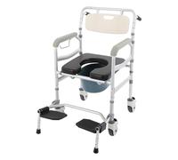 Silla de ruedas de ducha con 4 ruedas silenciosas y inodoro portátil con tapa, silla de ruedas de ducha con 3 niveles de altura ajustable, reposabrazos y reposapiés, antideslizante, silla de ruedas
