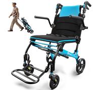 Silla de ruedas plegable ligera de 8,8 kg con mango telescópico, ultraligera, plegable, ligera, con reposabrazos y reposapiés plegables, para personas con discapacidad y personas mayores (Azul)