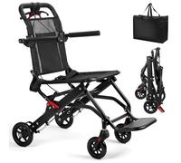 Silla de ruedas plegable portátil, silla de ruedas de viaje ligera para personas mayores con asiento más ancho, asa telescópica, ruedas traseras de 12 pulgadas y cinturón de seguridad, soporta 120 kg