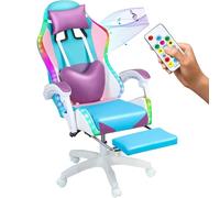 Silla de videojuegos con luces LED, silla ergonómica para computadora con masaje y reposapiés, videojuego reclinable para adultos con reposacabezas y soporte lumbar