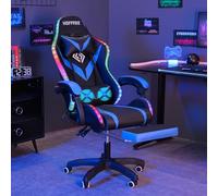 Silla de videojuegos con luz LED y reposapiés, sillas para videojugadores con masaje, ergonómica, respaldo alto, reclinable, con soporte lumbar ajustable, color azul y negro