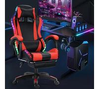 Silla de videojuegos para computadora, silla ergonómica con altavoces compatibles con Bluetooth y luces LED RGB de altura ajustable con reposapiés y soporte lumbar para oficina o juegos (negro y rojo)