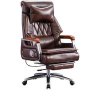 Silla Ejecutiva De Piel De Vaca con Reposapiés, Reclinable De 90° A 155°, con Respaldo Alto, Reposabrazos De Madera Maciza Y Giro De 360°.(Dark Coffee)