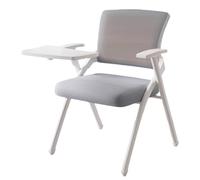 Silla ergonómica de malla gris para conferencias, brazo plegable para tableta con escritorio, diseño de ruedas apilables para oficina y aula, ahorro de espacio