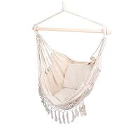 Silla hamaca con dos cojines, silla colgante de cuerda de algodón hilado silla para tejer, hamaca mecedora colgante exterior de jardín e interior casa