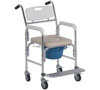Silla HOMCOM con ruedas innovadoras, silla de ducha con ruedas, reposabrazos extraíbles, reposapiés, acero cromado, HDPE, blanco
