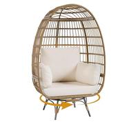 Silla Huevo De Rattan Giratoria con Cojines Blancos Acolchados, Silla De Lectura De Estilo Bohemio para Hogar, Jardín y Terraza