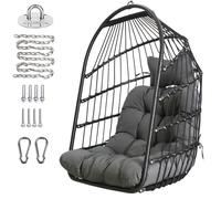 Silla huevo plegable de mimbre y ratán Silla colgante Silla de mimbre para interiores y exteriores Silla hamaca con kit de colgado de acero inoxidable Cojín resistente a los rayos UV Dormitorio Balcón