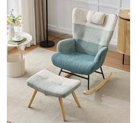 Silla mecedora con reposapiés de tela boucle, ergonómica con respaldo alto y bolsillo lateral, diseño moderno de rayas de patchwork para salón, dormitorio y habitación infantil, soporta hasta 100 kg