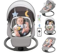 Silla Mecedora Eléctrica para Niños,Hamaca para Bebé con 5 Velocidades, Eléctrica Silla macedora 0-12kg, con Mando a Distancia y Blueteeth para conectar,Plegable, con Plato de Cena arnés de 5 Puntos