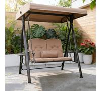 Silla oscilante para patio al aire libre con toldo ajustable, marco de acero resistente, cojines gruesos y 2 portavasos laterales, muebles de 3 plazas para todo tipo de clima