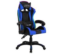 Silla para juegos de piel azul y negra con luces LED RGB, altura ajustable y reclinable, giro de 360 grados con 5 ruedas, incluye soporte para la cabeza gruesa y almohadas lumbares