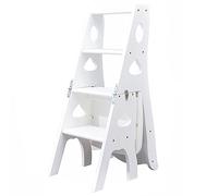 Silla plegable multifuncional de madera para biblioteca, taburete 3 en 1, estante de almacenamiento, diseño plegable para uso doméstico, capacidad de 332 libras, elegante acabado blanco, gris estrella