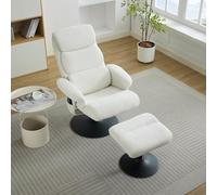 Silla reclinable de 360° con función de calor de 5 puntos, tela de chenilla suave, reposapiés ajustable, bolsillos laterales, respaldo inclinable blanco hasta 140°