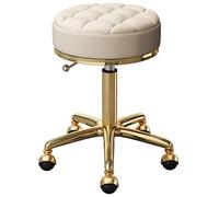 Silla rodante con asiento redondo ajustable blanco con base de acero metálico dorado para salones de belleza, oficina y taburetes de bar, diseño giratorio con 5 garras y ruedas de tierra, rango de