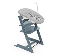 Silla Tripp Trapp de Stokke (Azul Fiordo) con Newborn Set (Gris) - Para recién nacidos hasta 9 kilos - Acogedor, seguro y fácil de usar