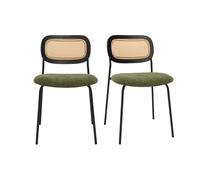 Sillas de diseño de terciopelo texturizado verde caqui, metal negro y rejilla de ratán (juego de 2) MIRANDA