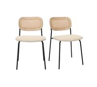 Sillas de diseño en tela con efecto terciopelo texturizado beige, metal negro y mimbre (juego de 2) MIRANDA