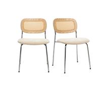 Sillas de diseño en tela efecto terciopelo texturizado beige, metal cromado y tejido de ratán (set de 2) MIRANDA