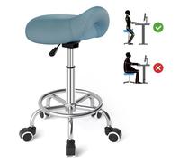 Sillín ergonómico - Cómoda silla de montar con un cojín ancho, giratorio y ajustable con ruedas y pedal de anillo para medicina, masaje, salón, oficina y hogar (azul)
