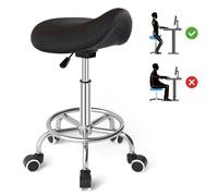 Sillín ergonómico - Cómoda silla de montar con un cojín ancho, giratorio y ajustable con ruedas y pedal de anillo para medicina, masaje, salón, oficina y hogar (negro)