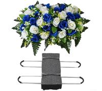Sillines de flores de lápida artificial, 50 x 35 cm, decoración floral de seda para lápida de tumba, rosas de granada realistas, cementerio y jardín (blanco + azul)