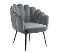 Sillón acolchado con respaldo de concha de terciopelo color pardo con patas negras de hierro 64 x 67 x 77 cm
