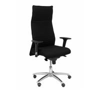 Sillón Albacete con mecanismo Sincro tapizada con Tela color Negro. Equipado con Base aluminio, Brazos 1D y Ruedas de parqué