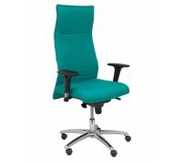 Sillón Albacete con mecanismo Sincro tapizada con Tela color Turquesa. Equipado con Base aluminio, Brazos 1D y Ruedas de parqué